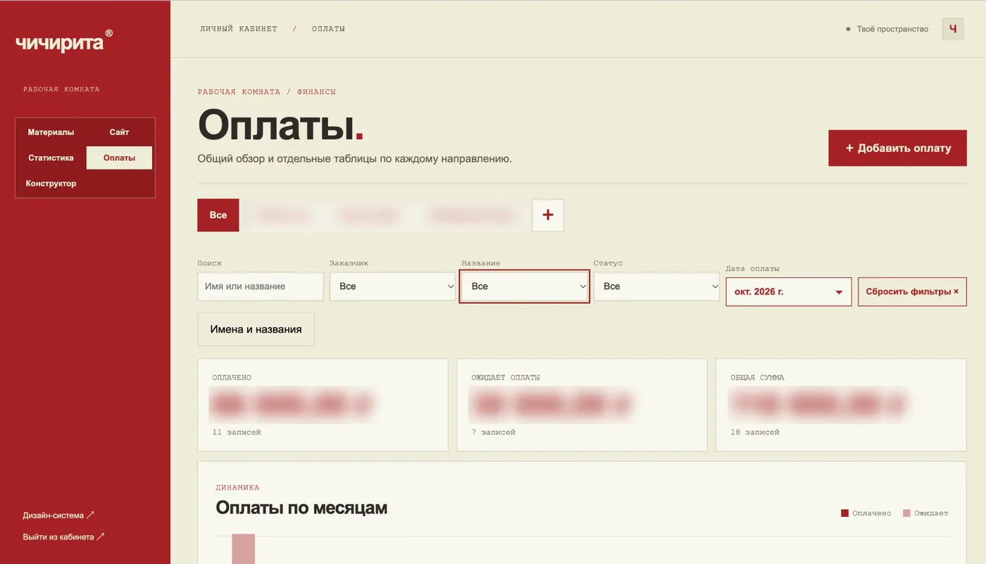 Раздел «Оплаты»: фильтры и итоговые суммы (скрыты)