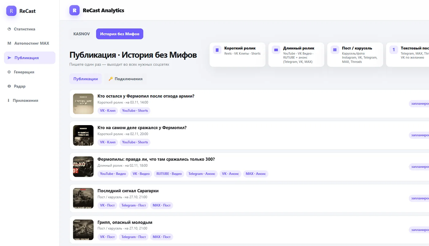 Публикация роликов на несколько площадок